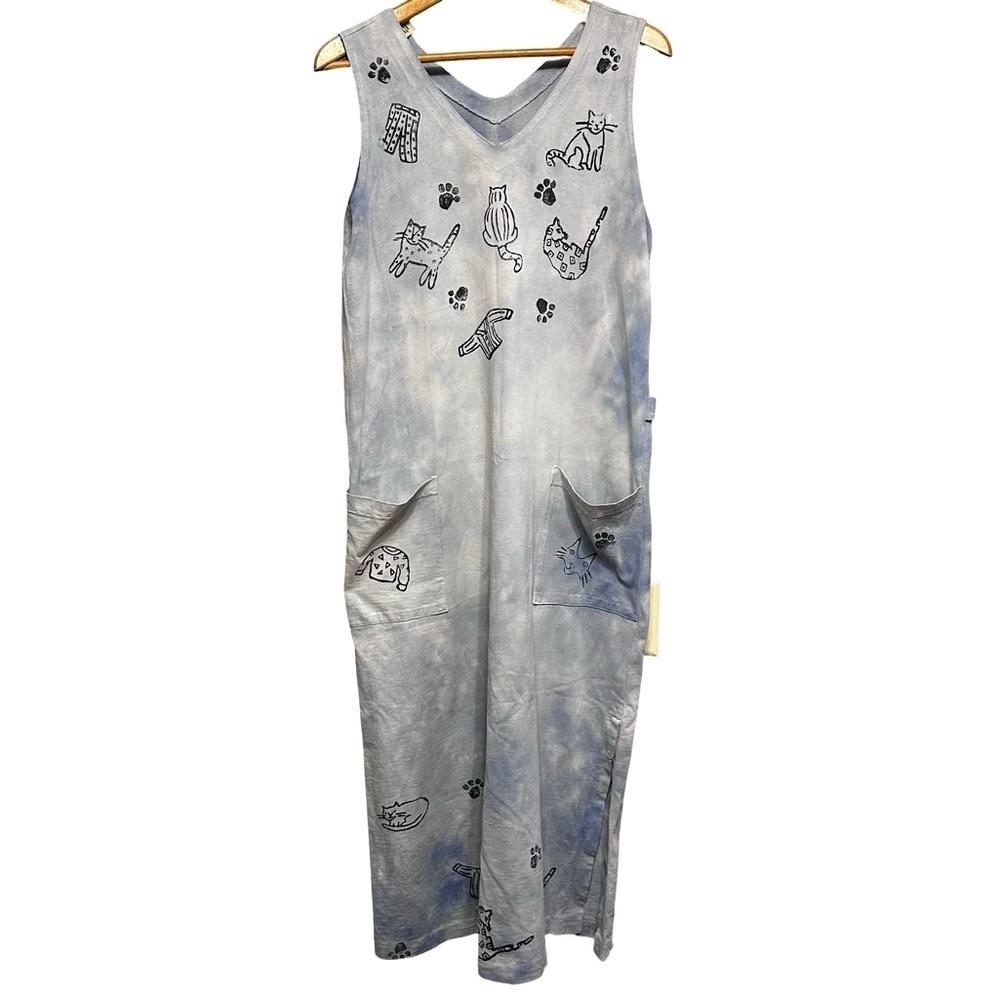 Vintage Cat Print Cotton Jumper Dress Artwear Overall Dress Y2K Cottagecore M